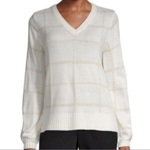 Worthington white gold v neck sweater grid design long sleeves